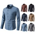 thumbnail image 3 of Camisa de manga larga de color liso para hombre Camisa de solapa con botones de algodón y lino, 3 of 4