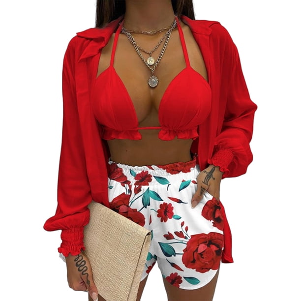 Tops + Sujetador + Pantalones Cortos Mujeres Tops + Sujetador + Pantalones cortos Conjuntos de 3 piezas Traje de pantalones cortos de verano Traje femenino (Rojo XXL) Cgtredaw Para estrenar