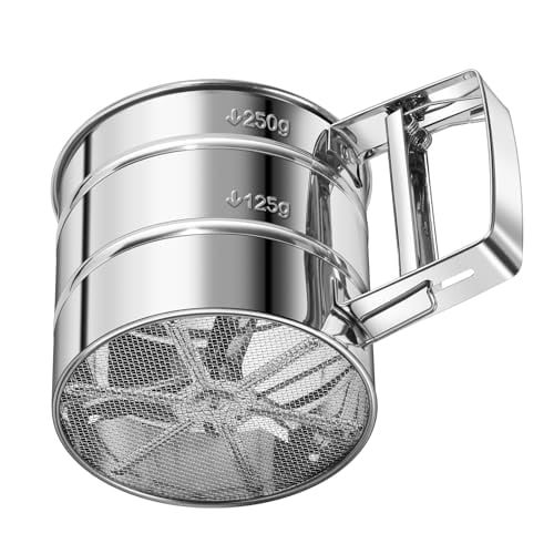 Upgraded 3-Cup Flour Sifter for Baking,3-in-1 One-Hand Press Flower Sifter,Stainless Steel Baking Sifter Flour with Double-Layer Fine Mesh,Super Smooth Flour Sieve Baker for Quick Sifting