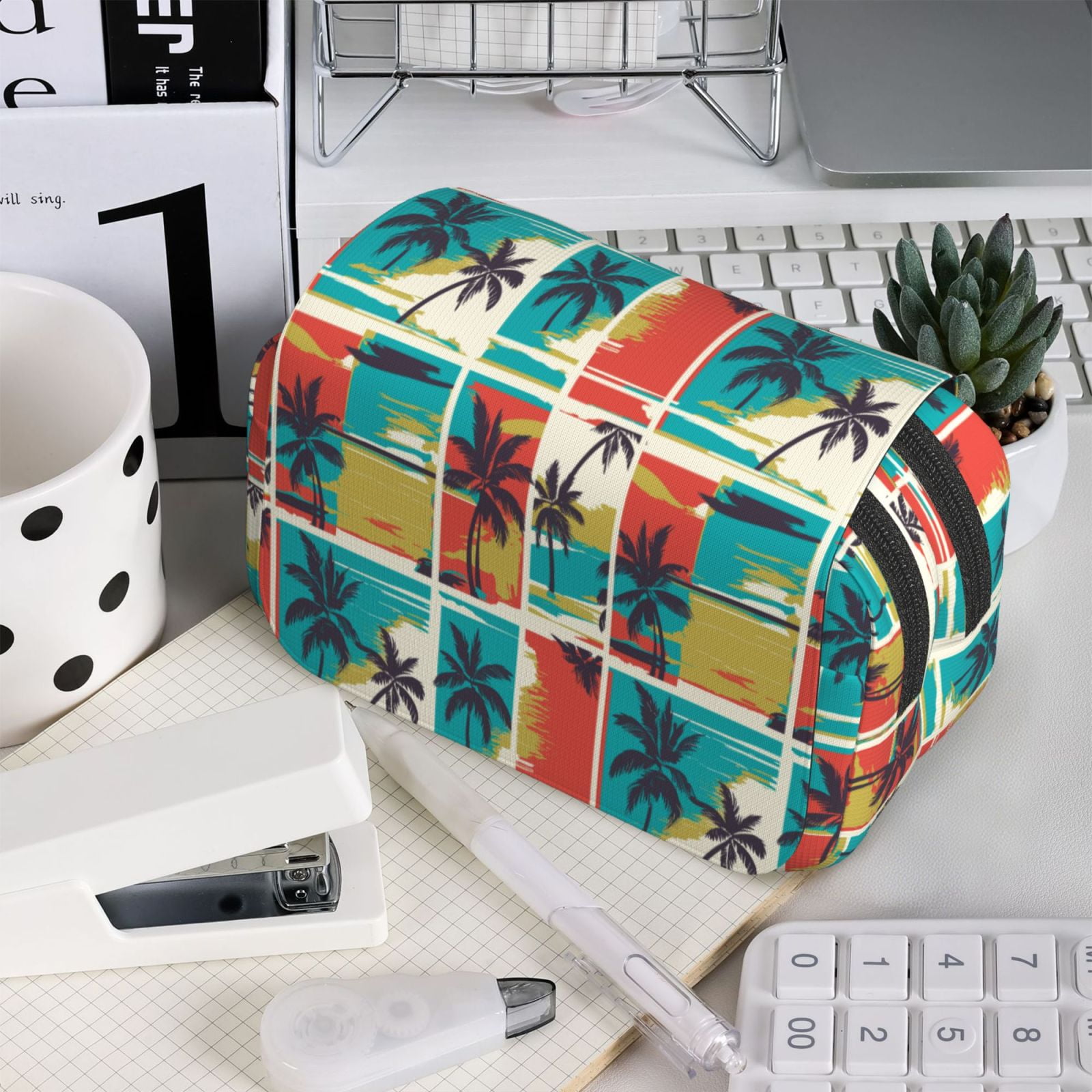 Rateoe Colorful Hawaii Palms Pattern Double Clamshell Pen Case, Storage Organizer with Two Zipper Compartments– Holds Up to 50 Pencils & Pens