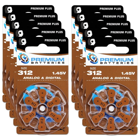 Premium Batteries Premium Plus Size 312 PR41 1.45V Zinc Air Hearing Aid Batteries (60 Pack)