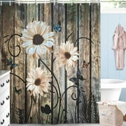 Farmhouse Daisy Shower Curtain, Brown White Flower Fabric Bathroom Curtain Bathtub Decor + Hooks 72 X 72Inch