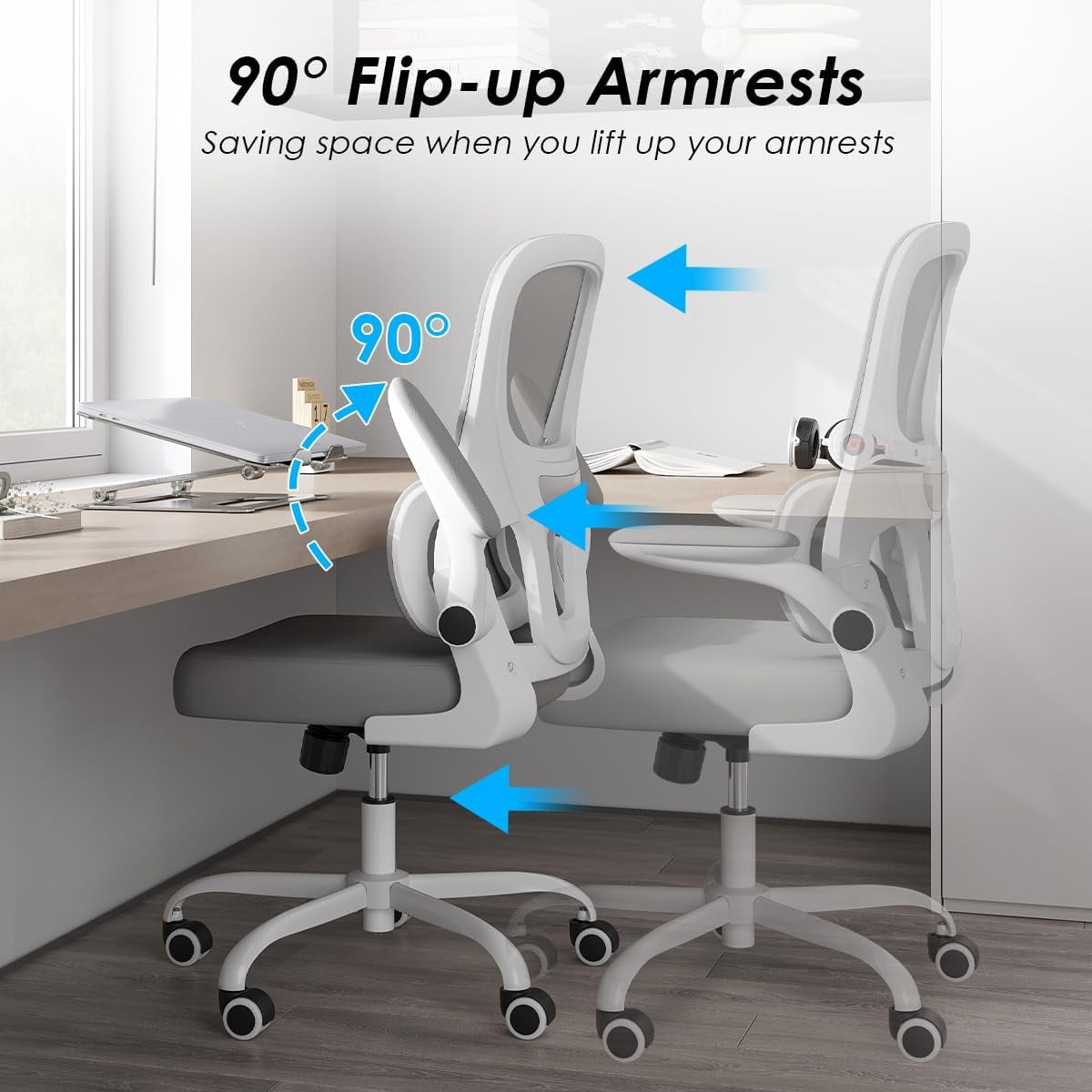 STARY Ergonomic Mesh Office Chair, Computer Chair with Lumbar Support and Flip-up Armrests, Comfy Desk Chair with PU Wheels for Home Office, White & Gray