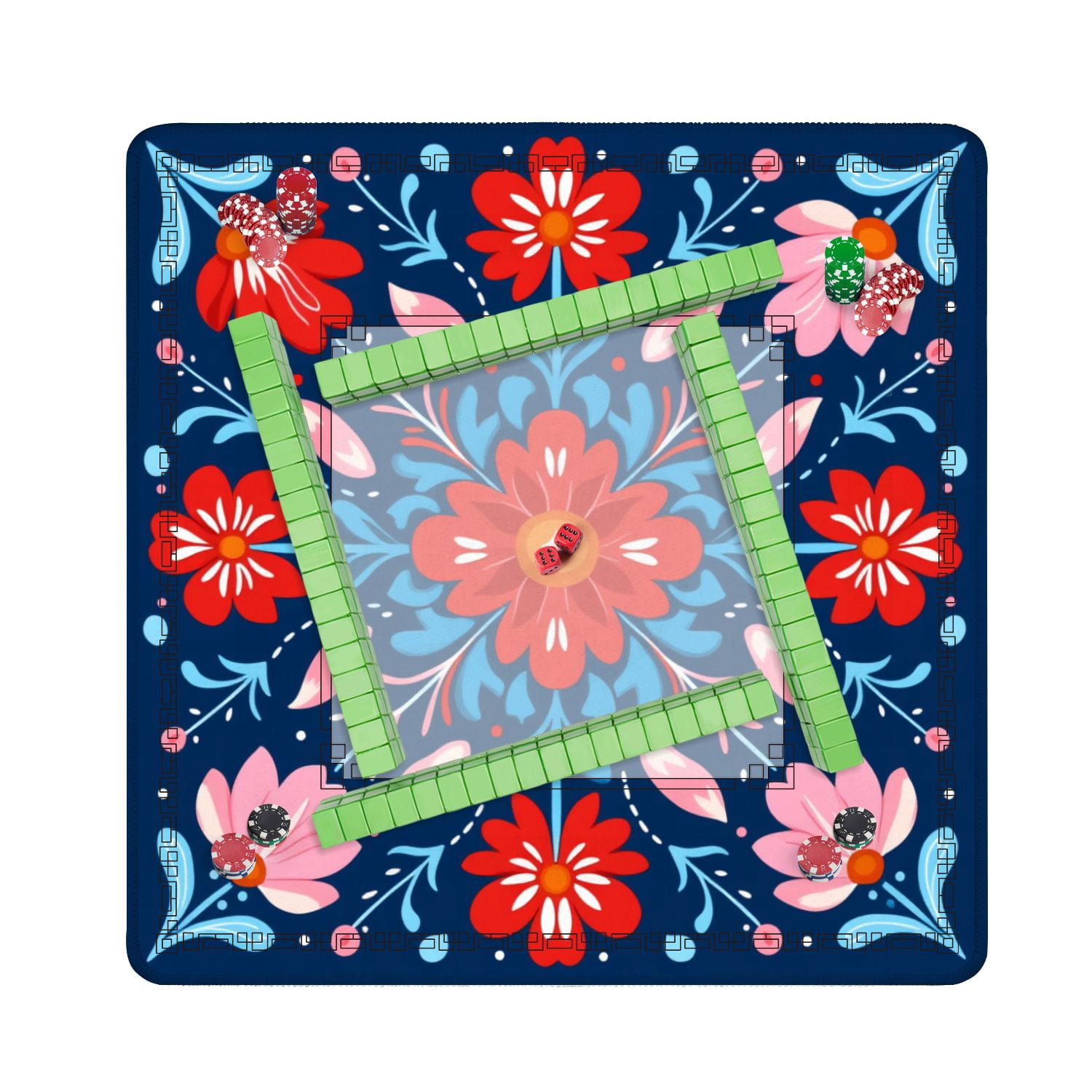 Mahjong Mat 31.5" x 31.5" Colorful Floral Red Pink Flowers Dark Blue Non-Slip Noise Reduction American Mahjong Tiles Table Cover for Dominoes Poker Card Board Games Gift