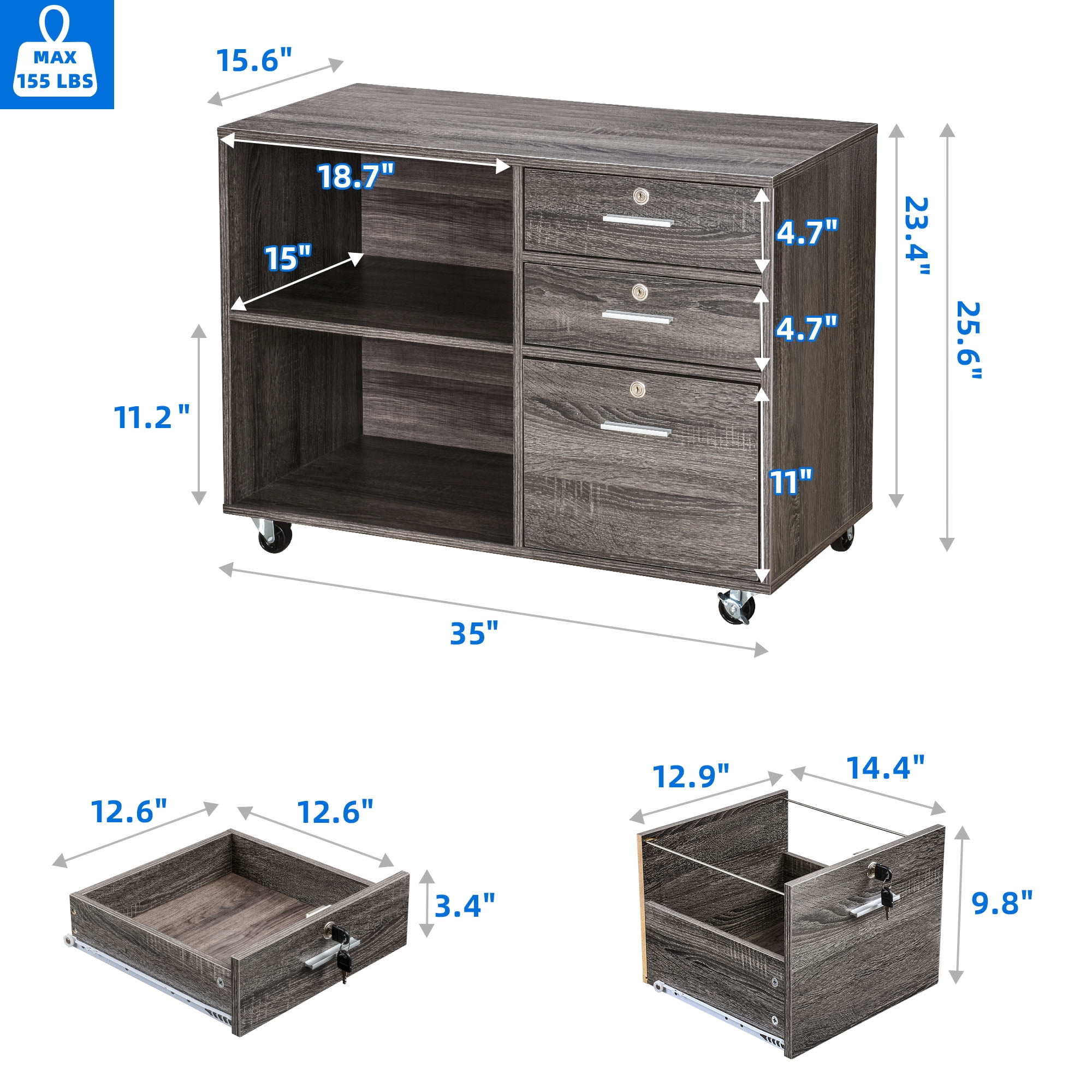 DEXTRUS 3-Drawer Wood File Cabinet with Lock, Mobile Lateral Filing Cabinet Rolling Printer Stand for Office, Grey