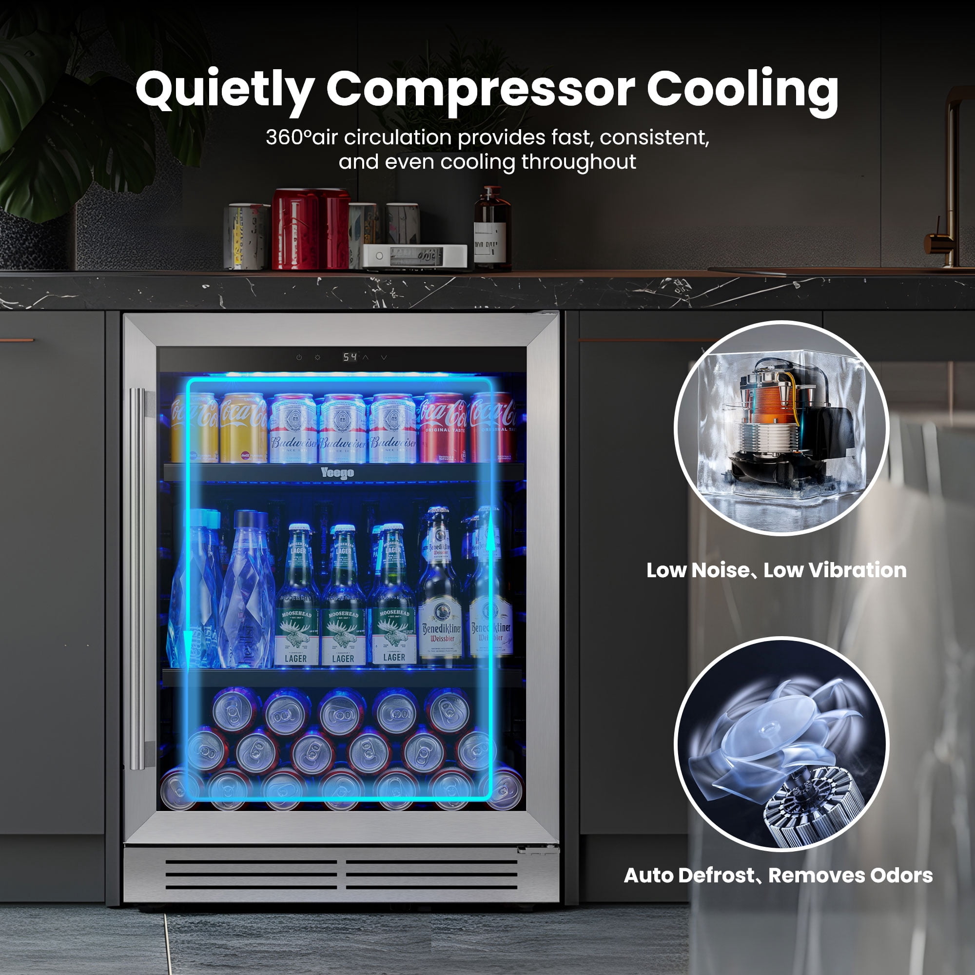 Yeego 24 Inch 180 Cans Beverage Refrigerator Cooler, Double Layer Glass Door, Built-in/Freestanding for Beer Soda Water, Right Hinge