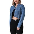 thumbnail image 4 of INSPIRE CHIC Women's Crop Denim Long Sleeve Cargo Pockets Washed Jean Jackets M Blue, 4 of 5