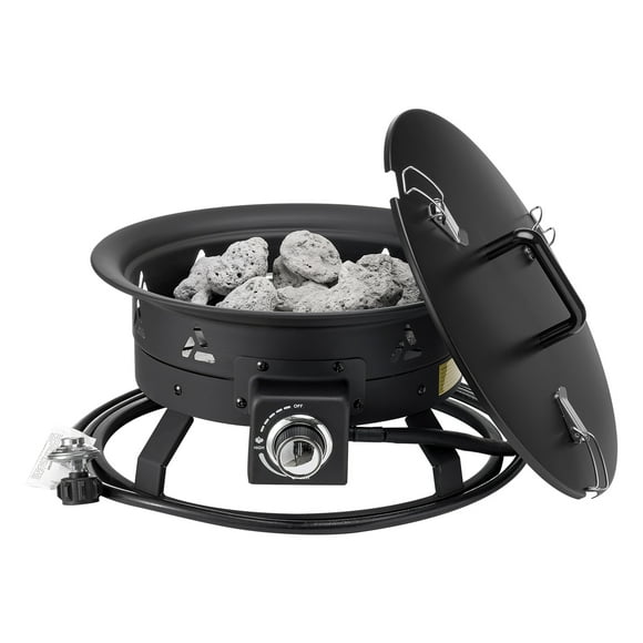 KFFKFF Gas Fire Pit, Portable 19-Inch Diameter Outdoor Fire Pit with Cover & Lava Rocks, Flame Height Control, Ideal for Camping, Heating, Lighting, Socializing, 58,000 BTU, Black