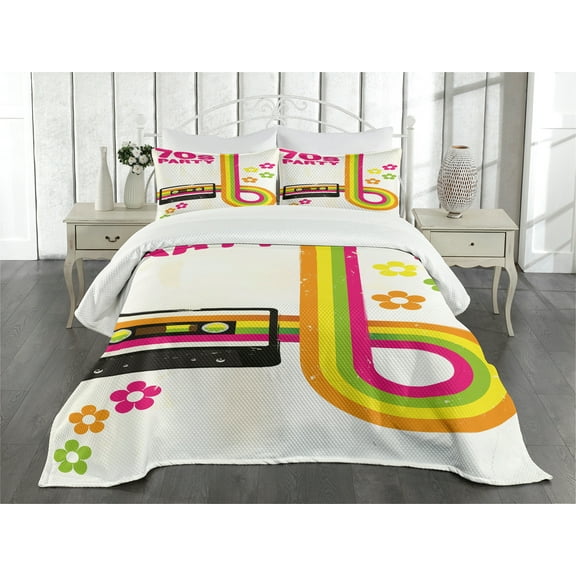 Ambesonne Colorful Quilted Bedspread Set 3 Pcs, 70s Party Casette Tape, Queen Size, Multicolor