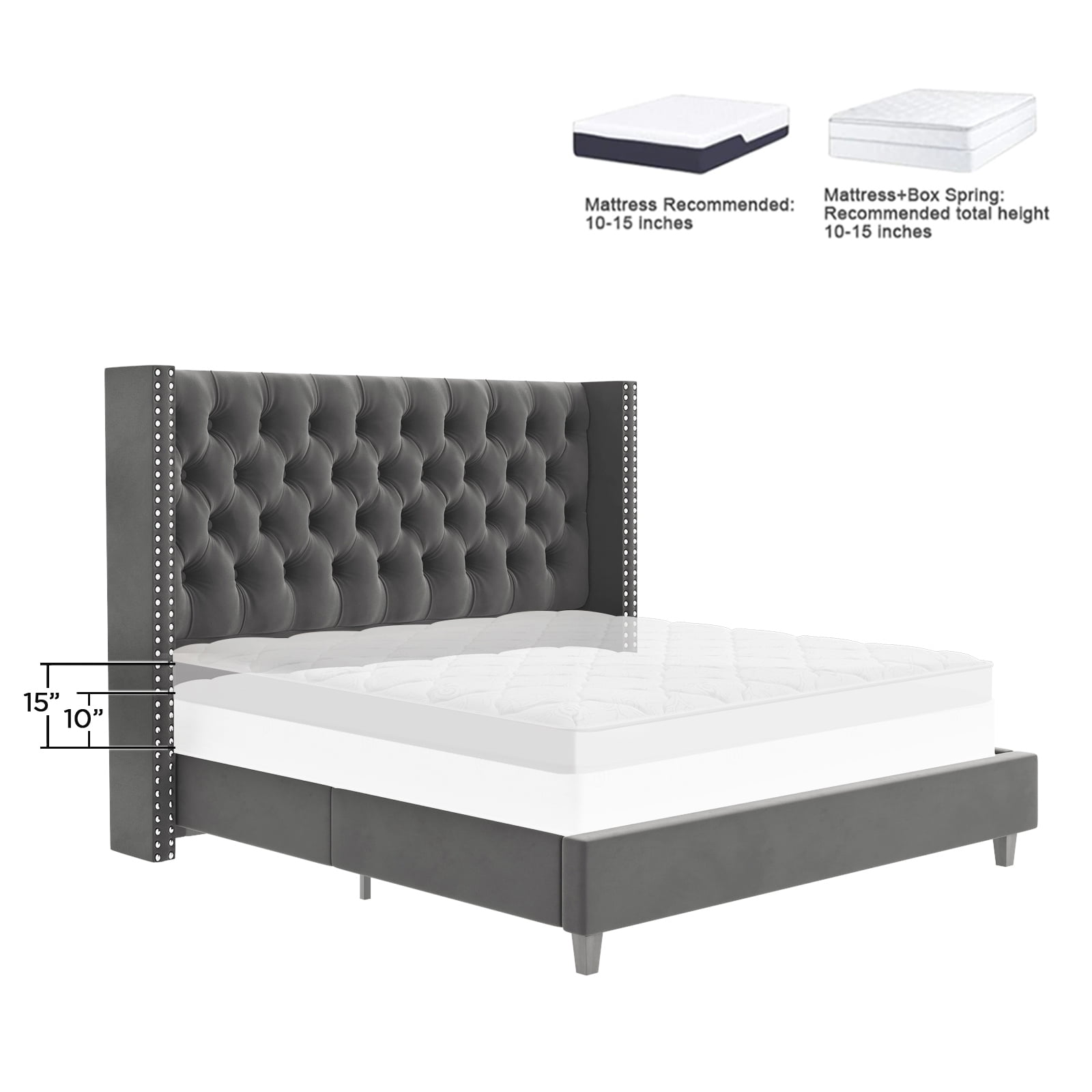 Merluxy King Size Platform Bed Frame Velvet Upholstered Bed Deep Button Tufted Wingback Headboard/Wood Slat Support/Easy Assembly/Dark Gray