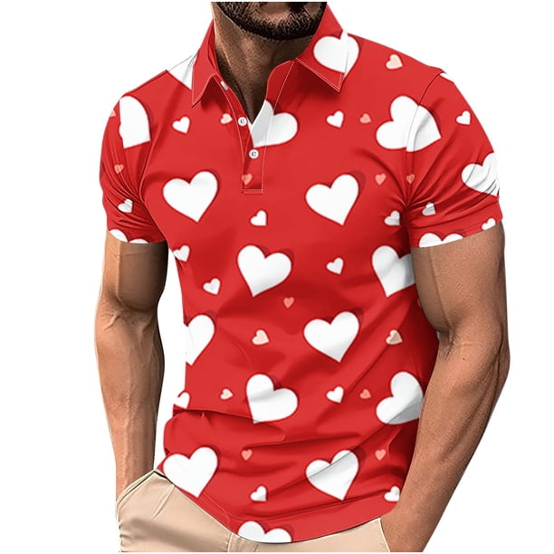 Camisa Casual Impresa Del Día de San Valentín de los Hombres, Manga Corta Top Del Botón de la Solapa para el Aire Libre Y el Ocio, Suéter de Tela de Malla Ligera