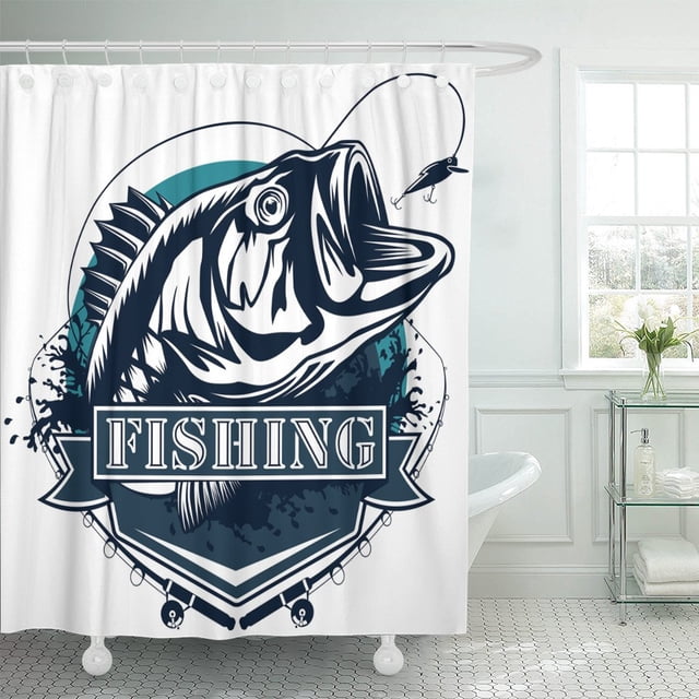 ABPHQTO Cortina de ducha Perca Pescado y Caña de pescar Lubina Creando Emblemas 152x180 cm