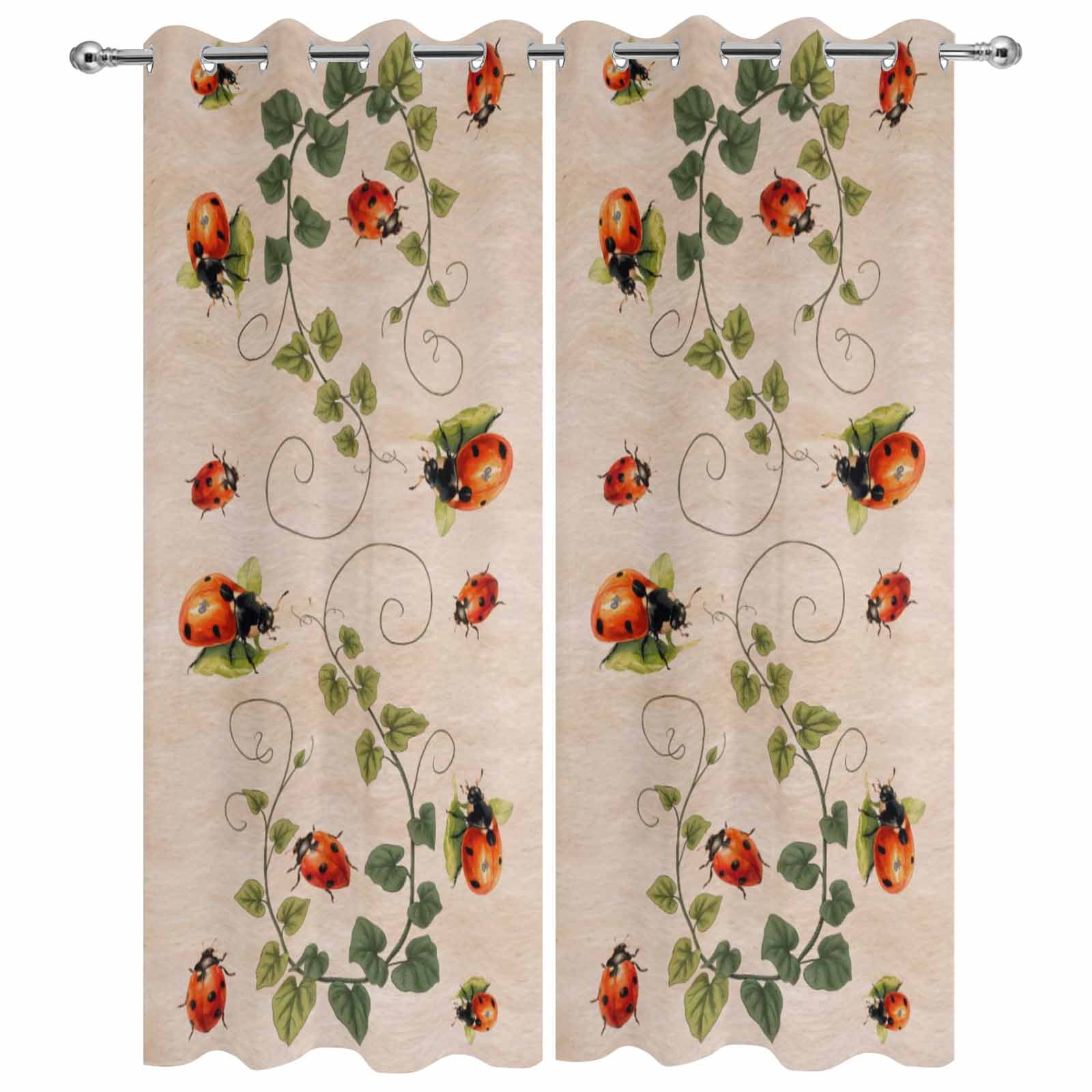 2 Panels Outdoor Curtains for Patio Waterproof 54"x95" Ladybugs Eucalyptus Leaves Weatherproof Privacy Outsides Curtains, Spring Botanical Vintage Grommet Thermal Drapes for Cabana Porch Pergola