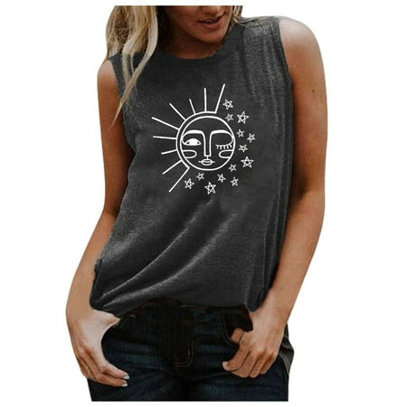 

TZNBGO Women s Tanks & Camis Tops Crewneck Sun And Moon Printed Sleeveless Casual Loose Vest Tops New Moon Loose Top Grey XL Sexy Tops For Women Black Tube Tops For Women Bustier Tops For Women B44
