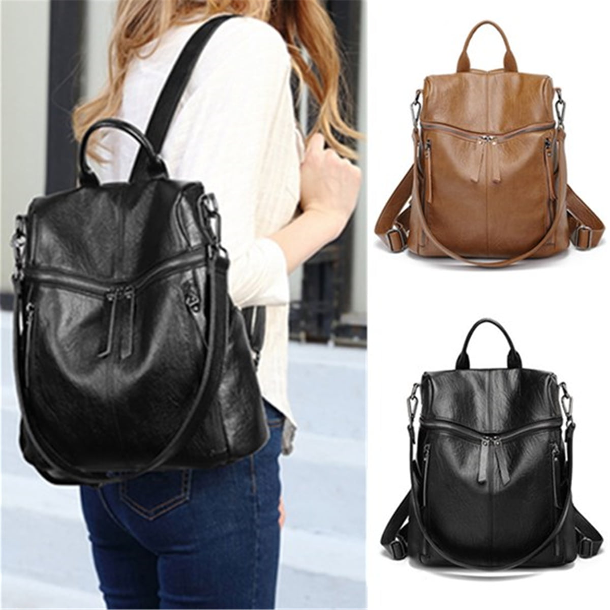 Women Genuine Leather Fashion Backpack Purse Black White Cow Travel School Shoulder Bag Girls Ladies Daypack Handbags 