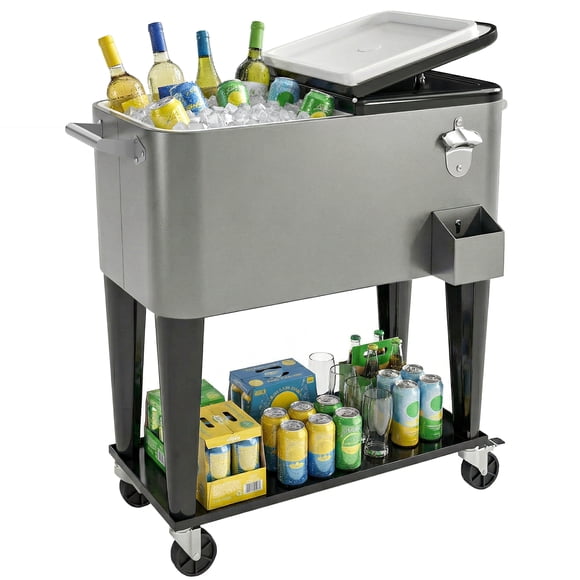 Outsunny Rolling Patio Cooler Cart, Patio Cooler with Drain, Black and Grey