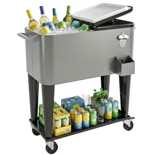 Outsunny Chariot Réfrigérant Roulant pour Patio, Glacière de Patio avec Drain, Noir et Gris