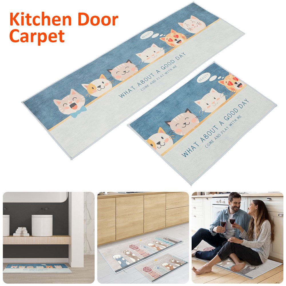 POINTERTECK 2pcs Kitchen Mats Rug Set Cute Cat Anti Fatigue Standing Mat Waterproof Washable Door Carpet Doormat Non-Slip Floor Mat for Standing Desk Kitchen Hallway Bathroom