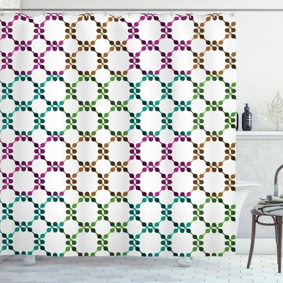 Geometric Shower Curtain, Modern Style Design of Chain Linked Interlacing Blended Pastel Colored Pattern, Fabric Bathroom Set with Hooks, 69W X 75L Inches Long, Multicolor, by Ambesonne