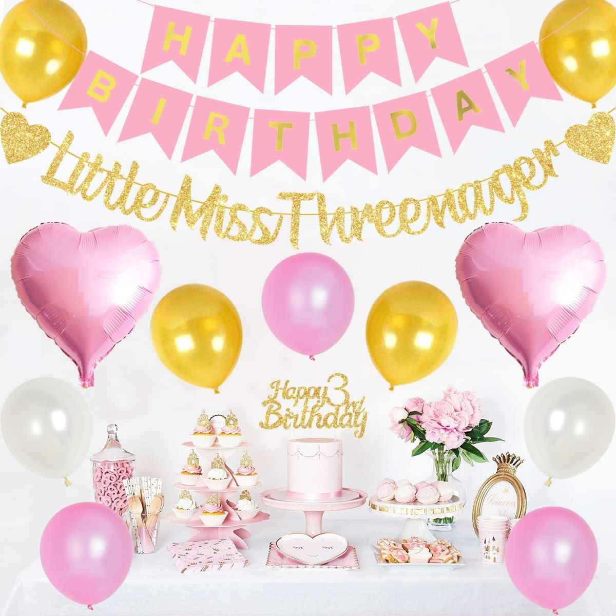 3rd Birthday Party Decorations for Girls Pink and Gold - Happy Birthday Banner Cake Topper, Gold Little Miss Threenager Garland, Large Number 3 Foil Balloon and Pink Heart Balloons