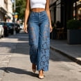 thumbnail image 6 of Women's Boho High Waist Flare Jeans Hollow Lace Patchwork Wide Leg Denim Pants Scalloped Hem Casual Y2K Streetwear Fashion Bottoms Blue, 6 of 7