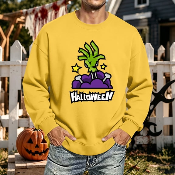Halloween Sweatshirt for Men Ghost Pumpkin Graphic Casual Long Sleeve Spooky Pullover Sweatshirts New Trendy Comfy Tee Shirts Yellow L