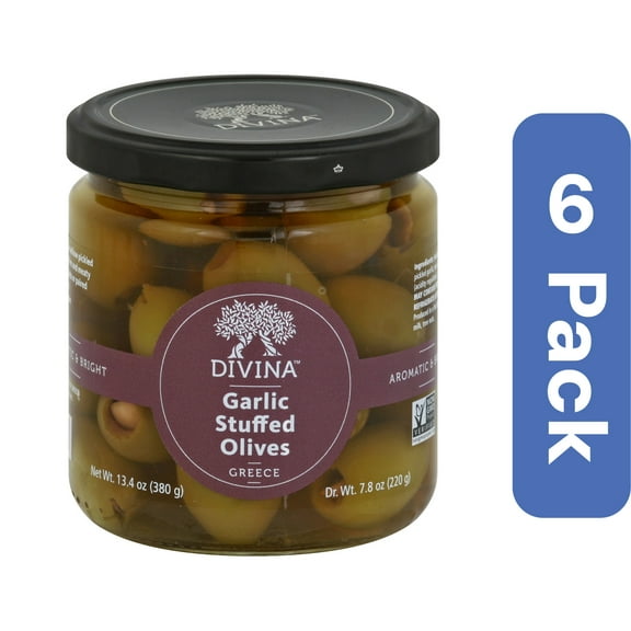 Divina Greek Stuffed Green Olives with Garlic 7.7 oz (Pack Of 6)