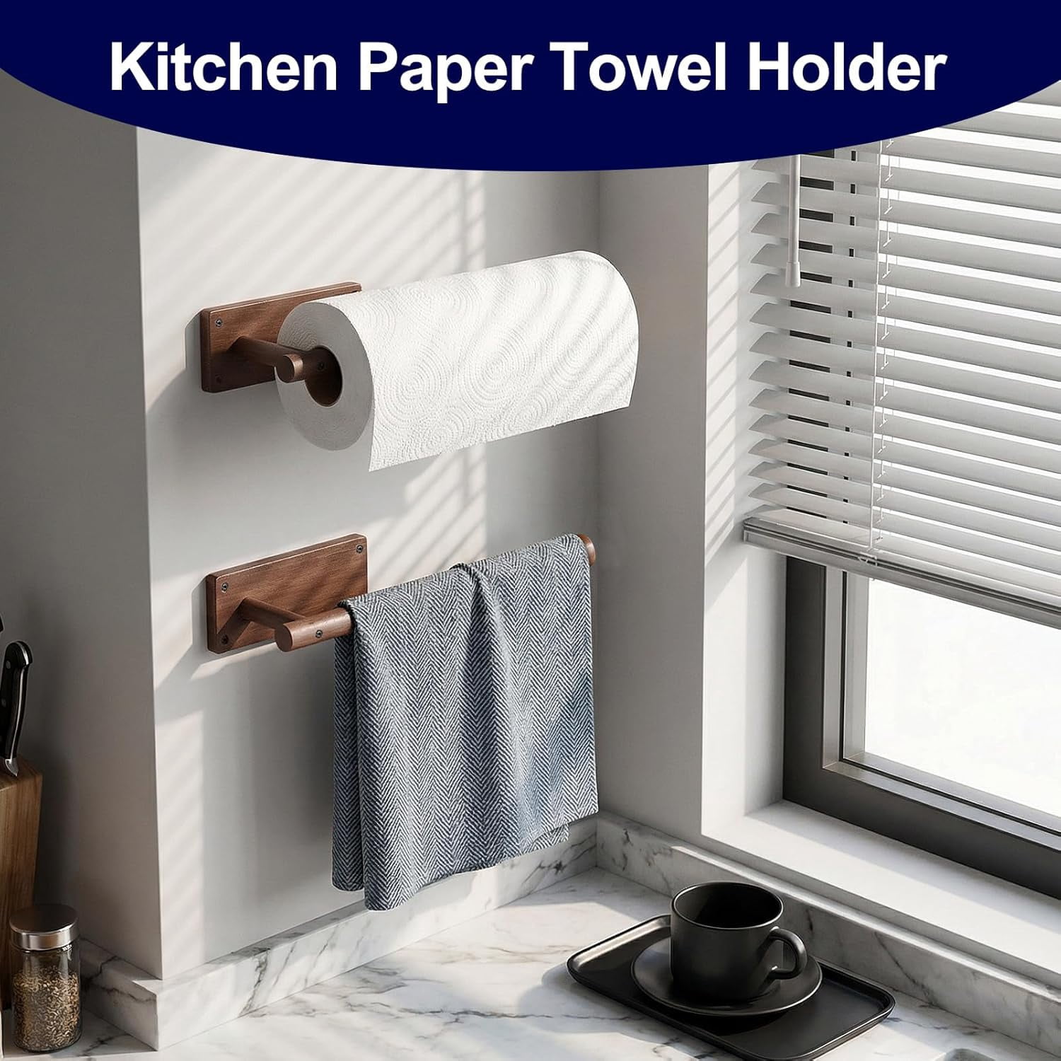Wooden Paper Towel Holder for Kitchen,Adhesive Acacia Wood Holders Under Cabinet, Wall Mount Kitchen Storage Essentials,Suitable Kitchen,Bathroom