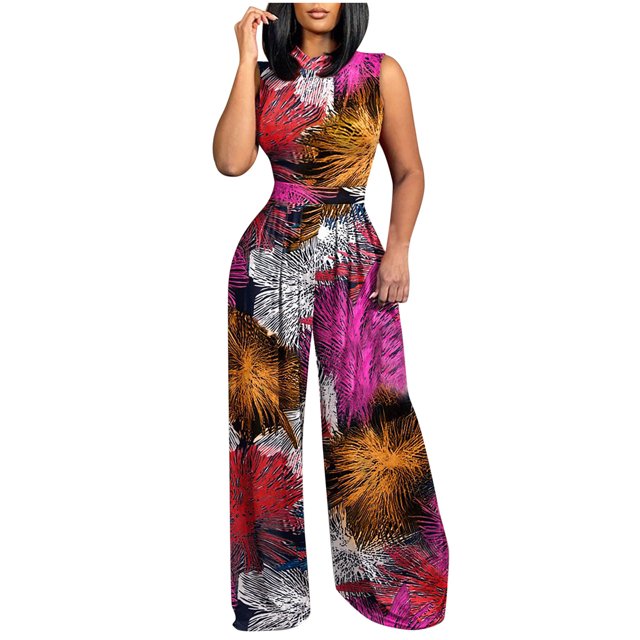 Birdeem Combinaison Imprimée pour Femmes Pyjama Décontracté Sans Manches Jambes Larges Pantalon Long