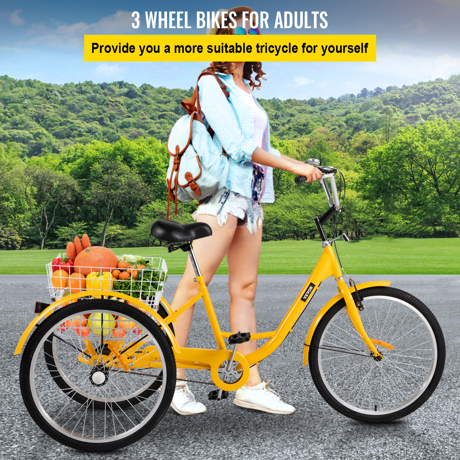 VEVOR Adult Tricycle 24 inch, 1-Speed Three Wheel Bikes , Yellow Tricycle with Bell Brake System, Bicycles with Cargo Basket for Shopping - image 2 of 9