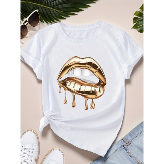 Dripping Metallic Golden Lips Graphic Print Crew Neck Short Sleeve Casual T-Shirt
