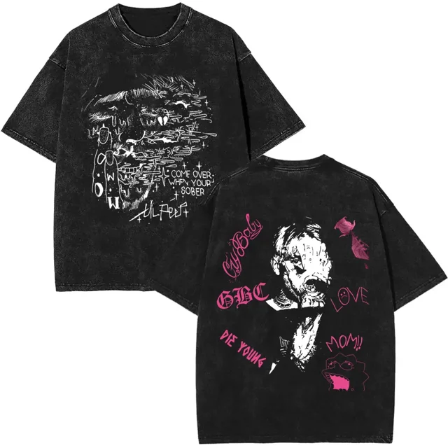 Washed Vintage Rapper Lil Peep Double Sided Print T-shirts Men Women Fashion Hip Hop Oversized Short Sleeve T Shirt Streetwear FT-Black-R0379-R0384 L