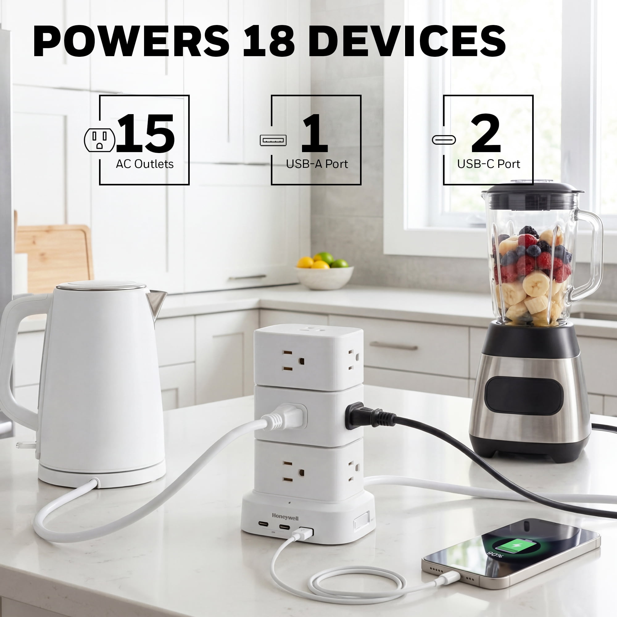 Honeywell Power Tower Modular Charging Station, 15 AC Outlets, 3 USB Ports (1 USB-A, 2 USB-C 20W PD), 900 Joules Surge Protector, 4ft Extension Cord, White