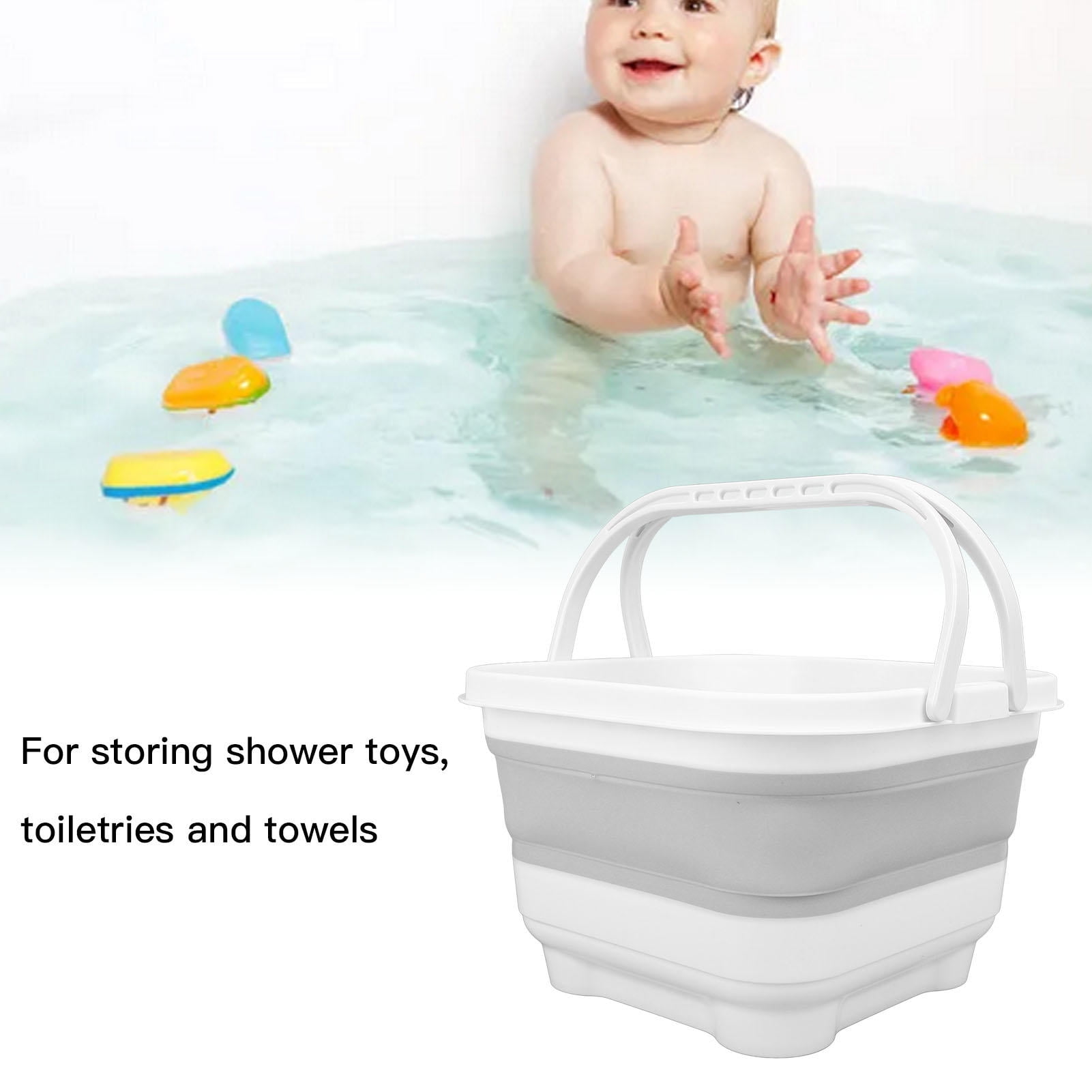 BIMZUC Foldable Bath Toy & Toiletry Storage Bin with Removable Base, Quick Drain, High Capacity, Cute Design – White & Grey