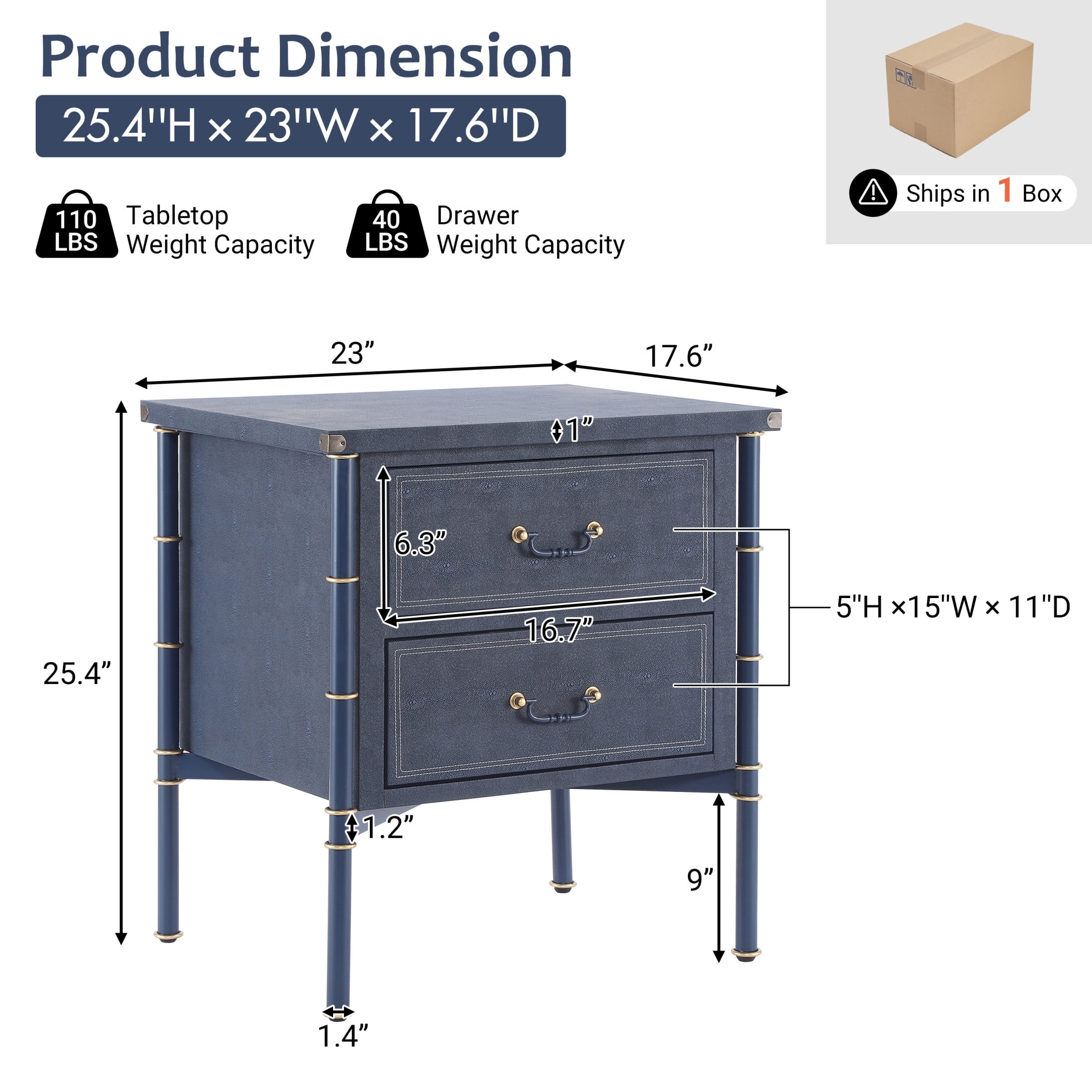 Christopher Knight Home Vintage Nightstand with 2 Drawers, PU Upholstered Bedside Table, Navy Blue