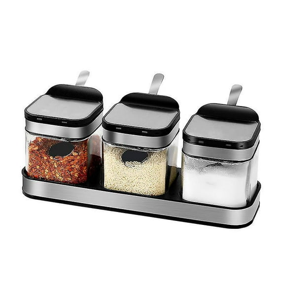Spice Jar Set with Stainless Steel Lids and Spoons - Clear Glass Seasoning Containers for Condiments, Salt, and Sugar
