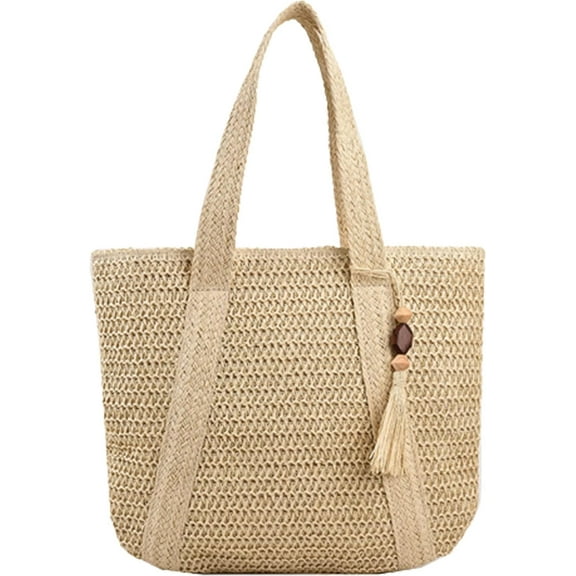 Kukuzhu Straw Beach Bag, Summer Woven Tote Bag with Tassels Large Shoulder Handbag Straw Purses and Handbags for Women