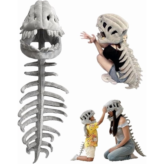 Halloween Cosplay Costume, 3D Realistic Spinosaurus Skull Hat with Plush Spine, Wearable Dinosaur Skeleton Family Dress-Up Outfit for Halloween Party & Themed Performance, Gray, S