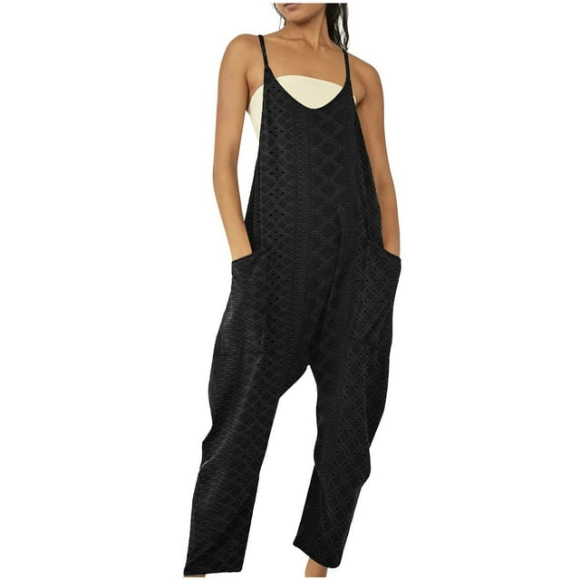 Timegard Womens Jumpsuit Scoop Neck Back Zipper Eyelet Rompers Baggy Long Overalls with Pockets Summer