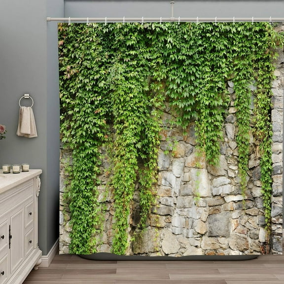 Stone Brick Wall Shower Curtain Green Leaves Garden Landscape Nature Plant Scenery Rustic Marble Rocks Stone Wall Bathtub Curtains Fabric Bathroom Accessories with Hooks