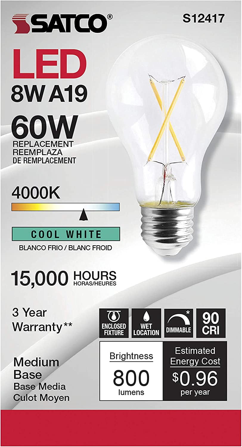 SATCO S12417 8W 120V LED A19 Bulbs E26 Base 4000K High Lumen  Dimmable (6 Pack)