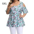 thumbnail image 1 of Camisa de mujer Blusa estampada con hombros descubiertos y manga corta con cuello en V, Azul cielo, 5XL AweSitey AP002468-30, 1 of 5