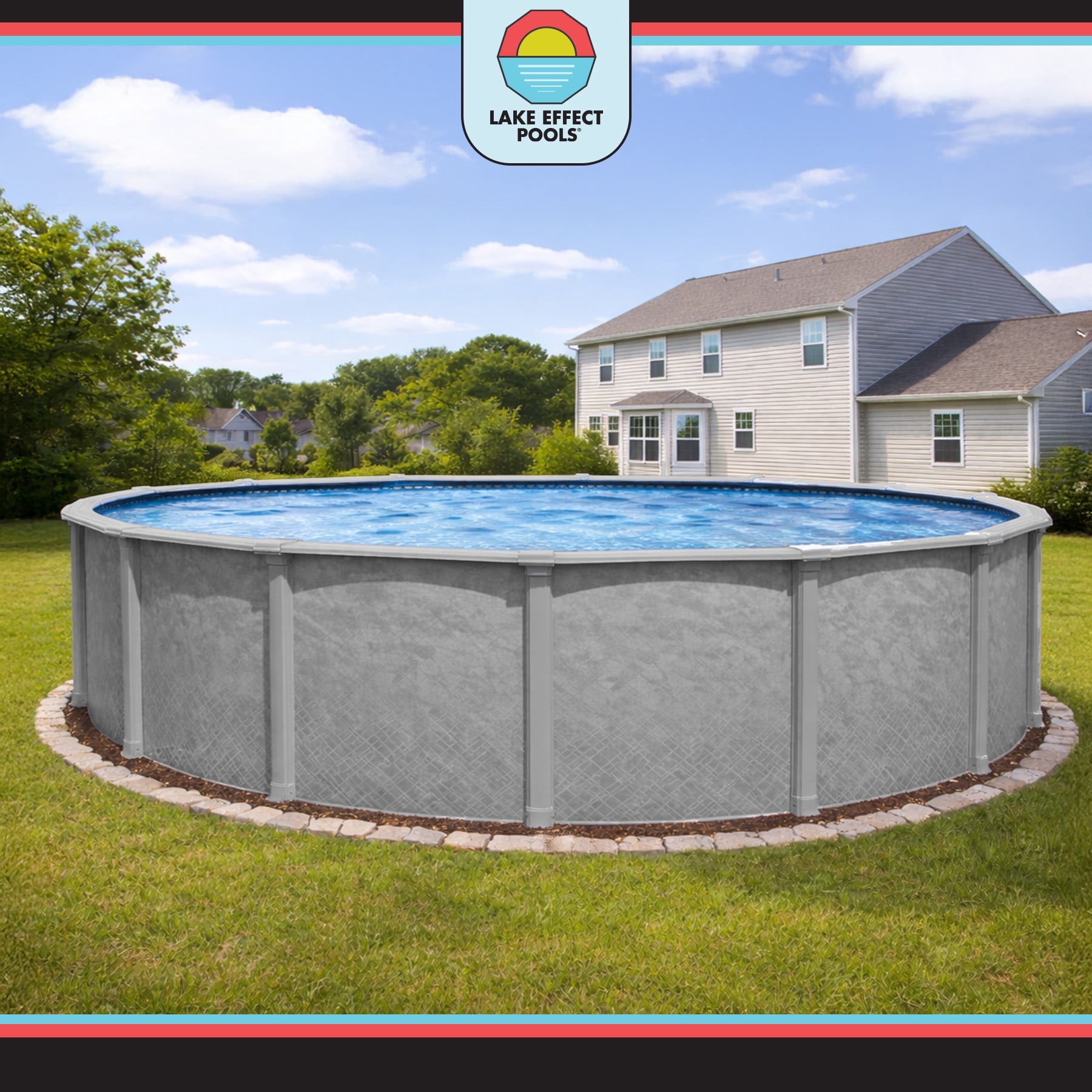 Lake Effect Pools 27' Round x 54" Height Lifestyle Above Ground Swimming Pool with 25 Gauge Waves of Poseidon Liner