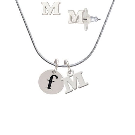 Disc 1/2 Initial – f – – M Initial Charm Necklace and Stud Earrings Jewelry Set