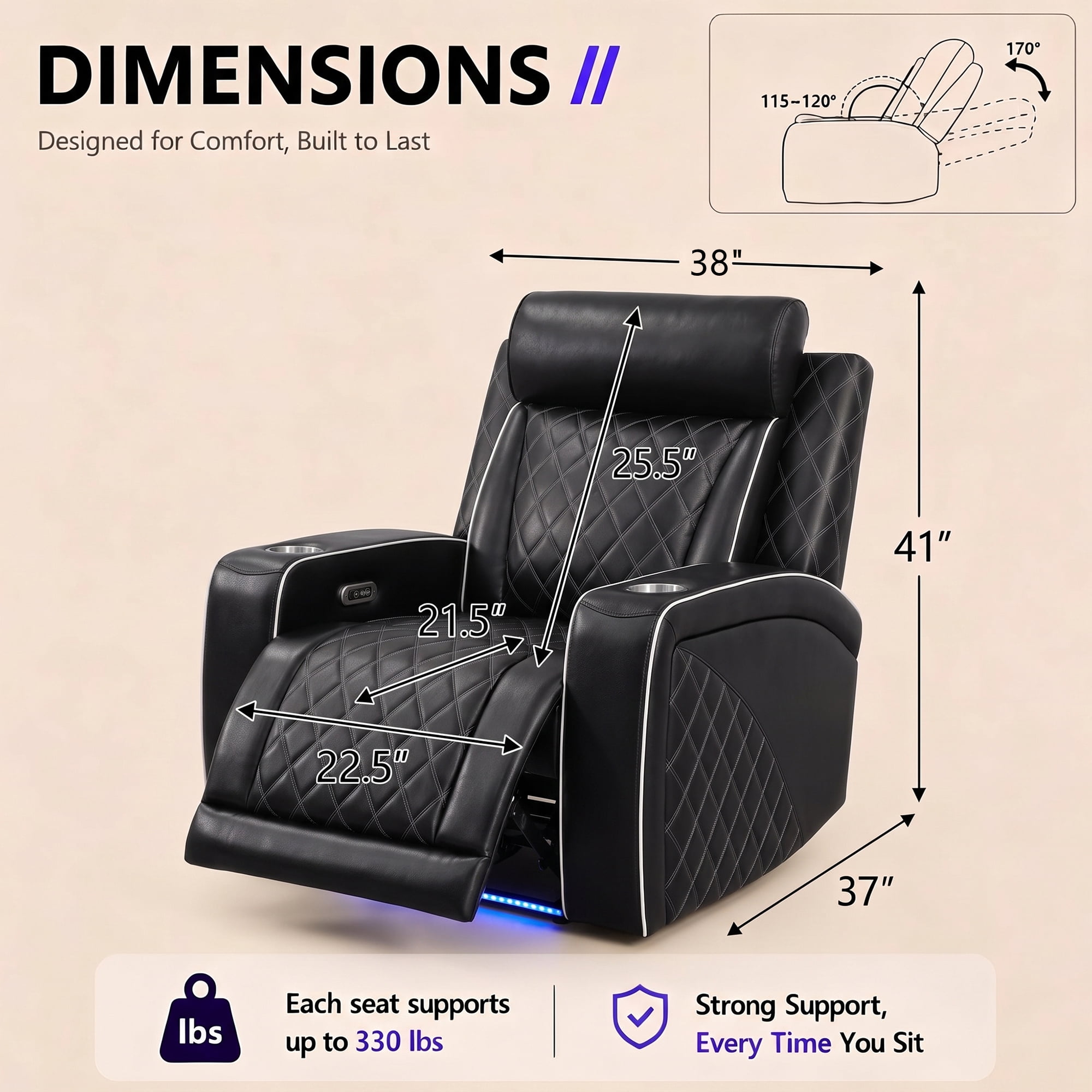 Aukfa Power Recliner RV Sofa with USB, Cup Holders & LED Lighting, Storage Arm, Home Theater Seating for Living Room, PU Leather, Black
