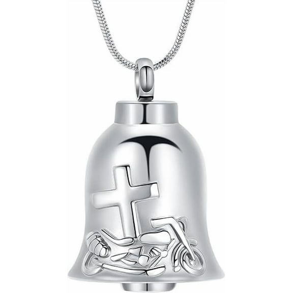 Bell Urn Necklace for Ashes for Women Men Cross Motorcycle Cremation Jewelry Ashes Pendant for Human/Pet Keepsake Gift