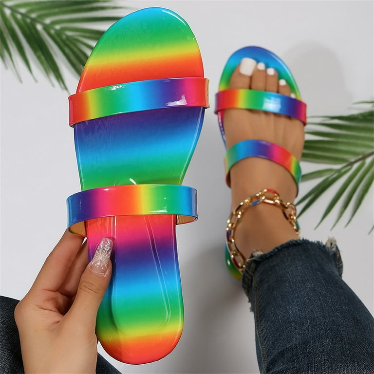 ZIZOCWA Fashion Women Slippers Rainbow Color Bright Beach Outdoor Slides Thin Strap Anti Slip Flat Bottom Sandals for Female Flip Flops Size8 Walmart
