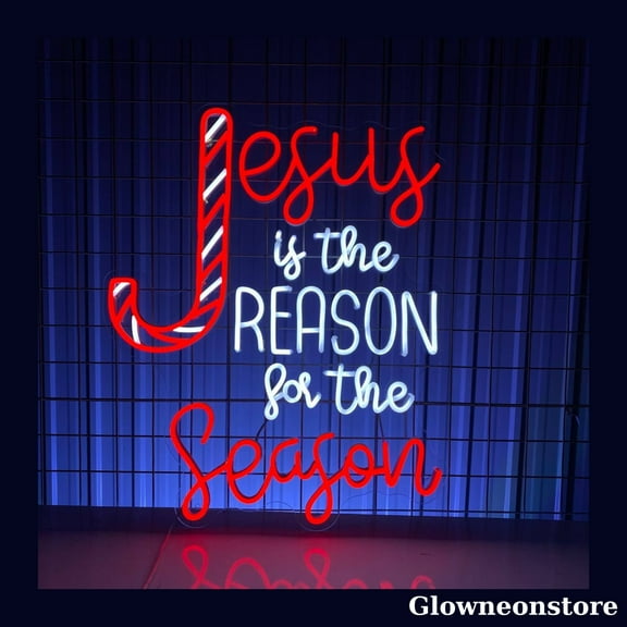 Glowneon Jesus Is The Reason For The Season Neon Sign, Christmas Quote LED Sign, Cross Neon Sign