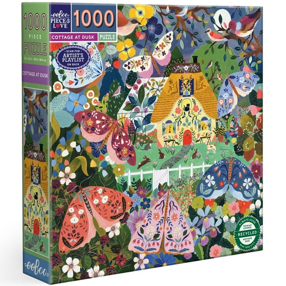 eeBoo Piece & Love: Cottage at Dusk - 1000 Piece Puzzle - Square Adult Jigsaw, Flora Waycott's Nighttime Magic Colorful Moths & Flowers, Eco-Friendly