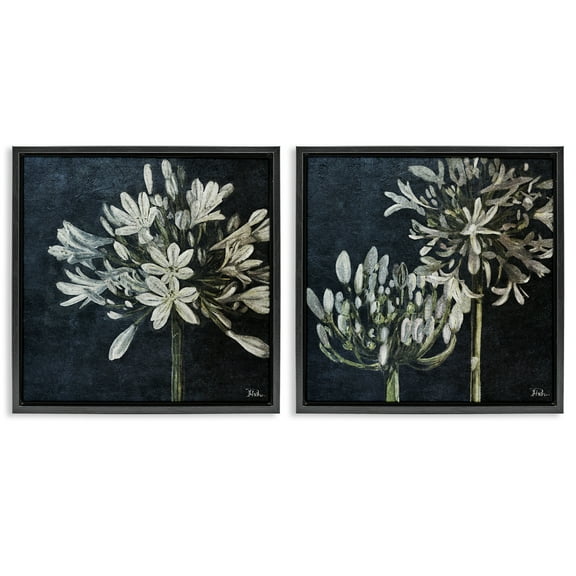 Stupell Industries Blossoming Flower Stem Plants & Flowers Painting Black Floater Framed Canvas Art Print Wall Art, 18 x 18, Set of 2